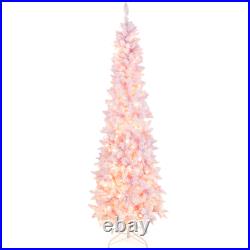 7 FT Pre-Lit Flocked Christmas Pencil Tree with PVC Branch Tips & 300 LED Lights
