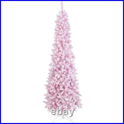 7 FT Pre-Lit Flocked Christmas Pencil Tree with PVC Branch Tips & 300 LED Lights