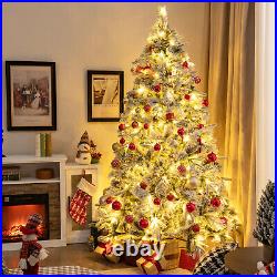 7 FT Pre-Lit Flocked Christmas Tree Hinged Xmas Decoration with 300 LED Lights