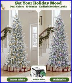 7 Foot Pre-Lit Flocked Christmas Tree Aspen Fir Slim With PE Branches