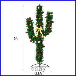 7 Ft Pre-Lit Cactus Artificial Christmas Tree with LED Lights and Ball Ornaments