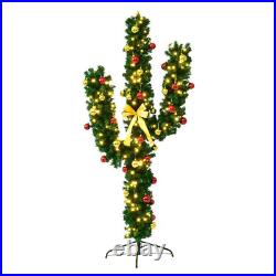 7 Ft Pre-Lit Cactus Artificial Christmas Tree with LED Lights and Ball Ornaments