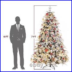 7 Pre-Lit Hinged Snow Flocked Artificial Christmas Tree LED Lights Quick Set-up 7 Pre-Lit Hinged Snow Flocked Artificial Christmas Tree LED Lights Quick Set-up