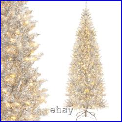 7' Pre-lit Artificial Silver Tinsel Xmas Tree with 1030 Branch Tips 400 LED Lights