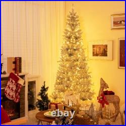 7' Pre-lit Artificial Silver Tinsel Xmas Tree with 1030 Branch Tips 400 LED Lights