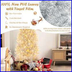 7' Pre-lit Artificial Silver Tinsel Xmas Tree with 1030 Branch Tips 400 LED Lights