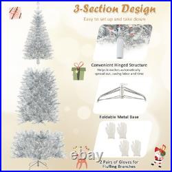 7' Pre-lit Artificial Silver Tinsel Xmas Tree with 1030 Branch Tips 400 LED Lights