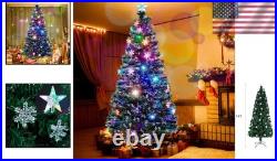 7 ft Artificial Christmas Tree LED RGB Fiber Snowflakes Top Star Holiday Decor