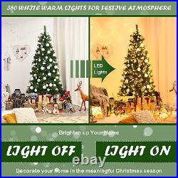 7 ft Pre-lit Hinged Christmas Tree Holiday Decor with LED Lights Metal Stand