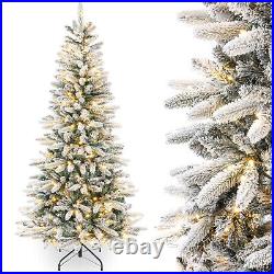 7ft Pencil Christmas Tree with Flocked 300 LED Lights Pre-Lit Artificial Xmas