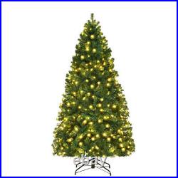 7ft Pre-Lit PVC Artificial Christmas Tree Hinged LED Lights Metal Stand