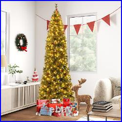 8FT Slim Christmas Tree Pre-Lit Hinged Decoration with 420 Lights & 55 Red Berries