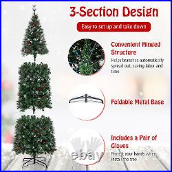 8FT Slim Christmas Tree Pre-Lit Hinged Decoration with 420 Lights & 55 Red Berries