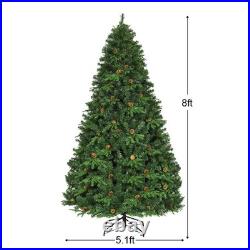 8Ft Pre-Lit Artificial Christmas Tree Hinged with 600 LED Lights & Pine Cones