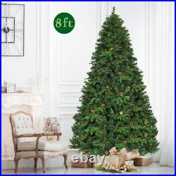 8Ft Pre-Lit Artificial Christmas Tree Hinged with 600 LED Lights & Pine Cones