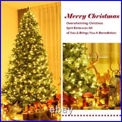 8Ft Pre-Lit Artificial Christmas Tree Hinged with 600 LED Lights & Pine Cones