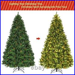 8Ft Pre-Lit Artificial Christmas Tree Hinged with 600 LED Lights & Pine Cones