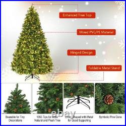 8Ft Pre-Lit Artificial Christmas Tree Hinged with 600 LED Lights & Pine Cones