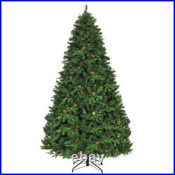 8Ft Pre-Lit Artificial Christmas Tree Hinged with 600 LED Lights & Pine Cones