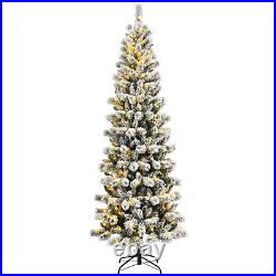 8' Pre-Lit Hinged Christmas Tree Snow Flocked with 9 Modes Remote Control Lights