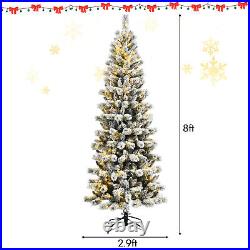 8' Pre-Lit Hinged Christmas Tree Snow Flocked with 9 Modes Remote Control Lights