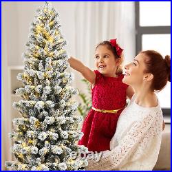 8' Pre-Lit Hinged Christmas Tree Snow Flocked with 9 Modes Remote Control Lights