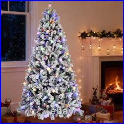 8 ft Prelit Snow Flocked Artificial Christmas Tree with White & Multicolor Light