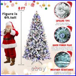 8 ft Prelit Snow Flocked Artificial Christmas Tree with White & Multicolor Light
