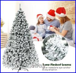 9FT Pre-Lit Artificial Christmas Tree, Snow Flocked Hinged Pine Tree, Winter