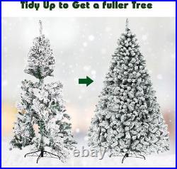 9FT Pre-Lit Artificial Christmas Tree, Snow Flocked Hinged Pine Tree, Winter