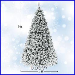 9FT Pre-Lit Artificial Christmas Tree, Snow Flocked Hinged Pine Tree, Winter