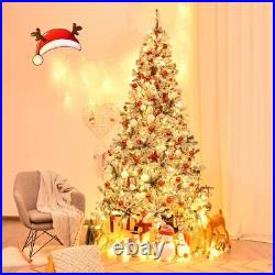 9FT Pre-Lit Artificial Christmas Tree, Snow Flocked Hinged Pine Tree, Winter