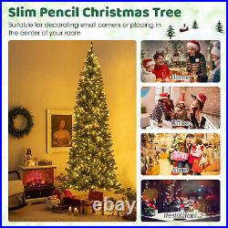 9 FT Pre Lit Christmas Tree Hinged Slim Pencil PVC Leaves Xmas with 500 LED Lights