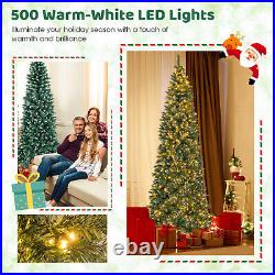 9 FT Pre Lit Christmas Tree Hinged Slim Pencil PVC Leaves Xmas with 500 LED Lights