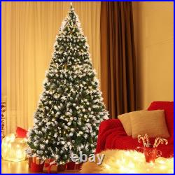 9 FT Pre-lit Snow Sprayed Christmas Tree Artificial Xmas Tree with LED Lights