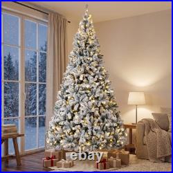 9ft Flocked Prelit Christmas Tree, Hinged Fraser Fir with LEDs