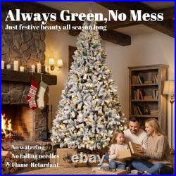 9ft Flocked Prelit Christmas Tree, Hinged Fraser Fir with LEDs