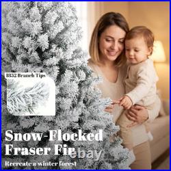 9ft Flocked Prelit Christmas Tree, Hinged Fraser Fir with LEDs