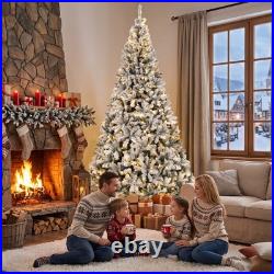 9ft Flocked Prelit Christmas Tree, Hinged Fraser Fir with LEDs