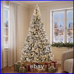 9ft Flocked Prelit Christmas Tree, Hinged Fraser Fir with LEDs