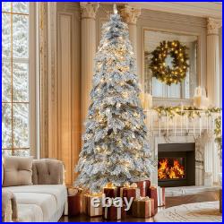 9ft Prelit Snow Flocked Pencil Spruce Christmas Tree Artificial 480 LED Lights