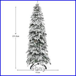 9ft Prelit Snow Flocked Pencil Spruce Christmas Tree Artificial 480 LED Lights