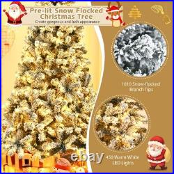 COSTWAY 7.5 FT Pre-Lit Snow Flocked Christmas Tree 1010 Branches 450 LED Lights