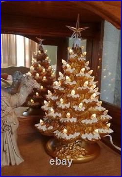 Ceramic Christmas Tree Lighted 14 Gold Flocked Gold Holly Base