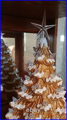 Ceramic Christmas Tree Lighted 14 Gold Flocked Gold Holly Base