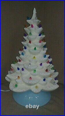 Ceramic Christmas Tree Lighted 20 Made from Vintage Mold White / Blue