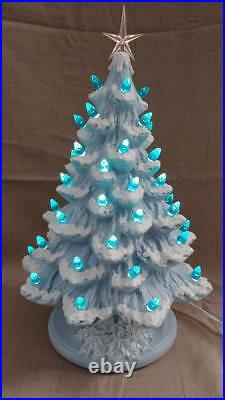 Ceramic Christmas Tree Lighted Nowell 14 Blue Flocked Holly Base