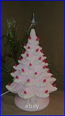 Ceramic Christmas Tree Lighted Nowell 14 Pink Flocked Holly Base