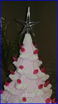 Ceramic Christmas Tree Lighted Nowell 14 Pink Flocked Holly Base