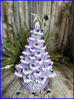Ceramic Christmas Tree Lighted Nowell 14 Purple Flocked Holly Base